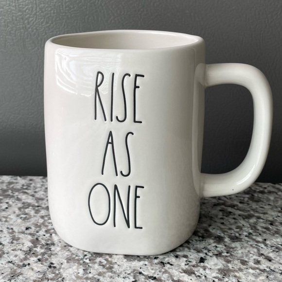 RAE DUNN • Stylish White Mug with Black Lettering “RISE AS ONE” - Picture 1 of 4